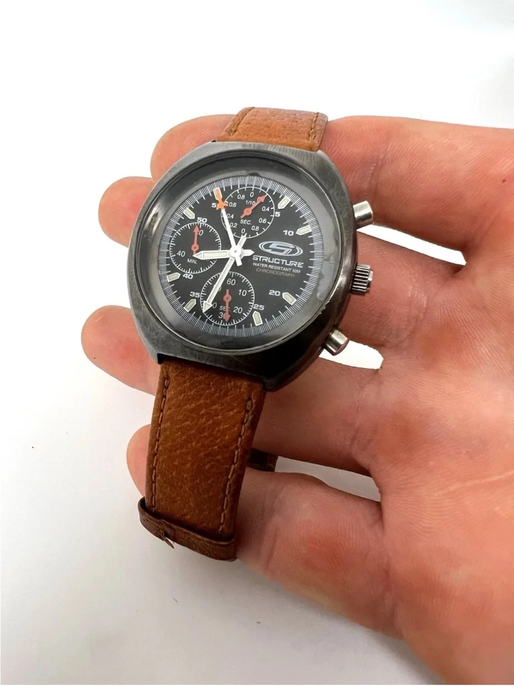Structure Black Dial Chronograph Watch with Tan Leather Strap